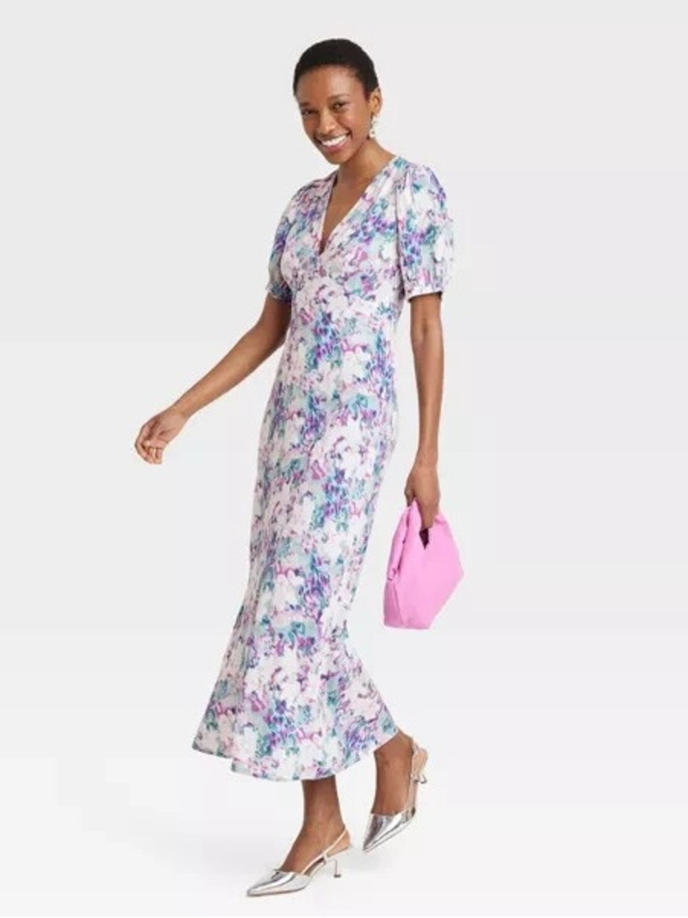A New Day Floral V-Neck Midi Dress in Lavender and Pink XS